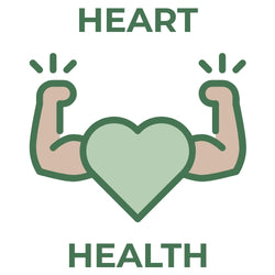 Green heart icon with flexed muscular arms and the text Heart Health in a minimalist flat design style.