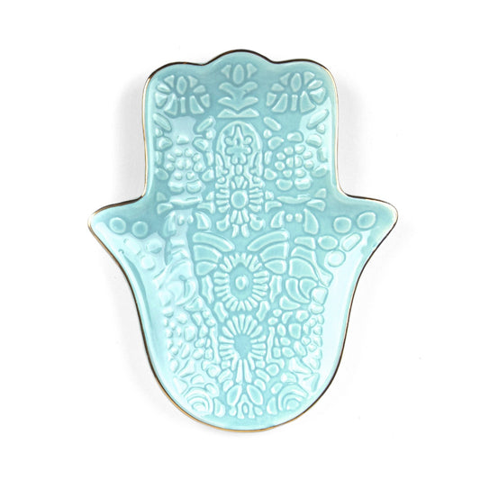 Hamza Hand Jewellery Dish - Turquoise Ceramic Trinket Tray - Organise your jewellery with our Hamza Hand dish. High-gloss turquoise ceramic with gold edge and anti-tarnish finish. Perfect gift. Buy now! Buy Now at Sacred Remedy