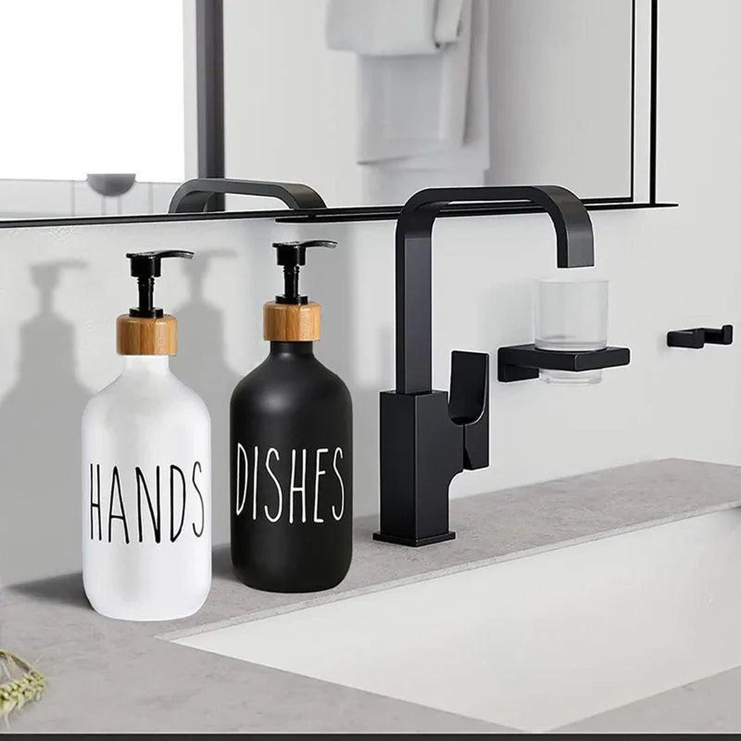 Hand & Dish Soap Dispenser Set | Bamboo Tray [500ml] - Shop the Hand & Dish Soap Dispenser Set (500ml refillable bottles, bamboo tray). Stylish, eco-friendly solution for kitchen and bathroom organization. Buy Now at Sacred Remedy