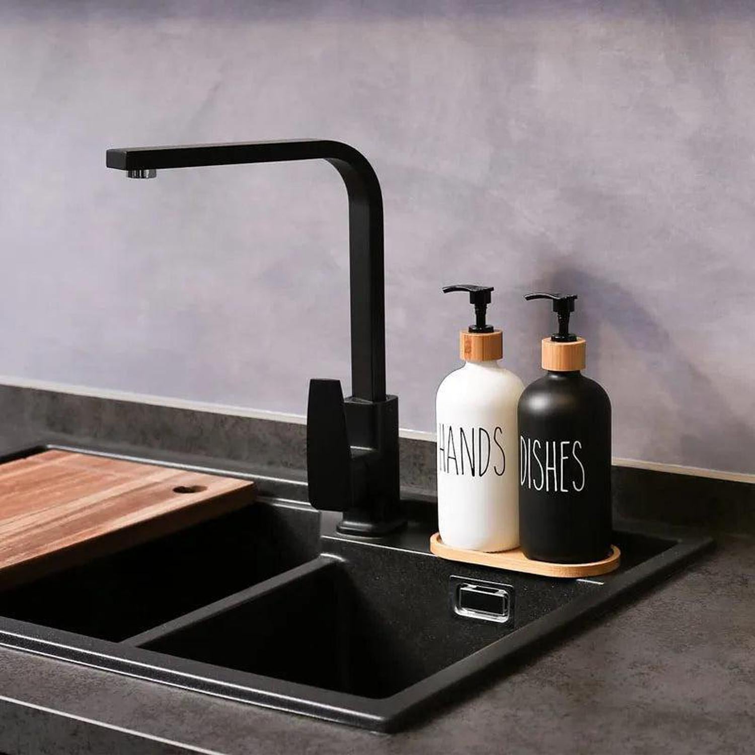 Hand & Dish Soap Dispenser Set | Bamboo Tray [500ml] - Shop the Hand & Dish Soap Dispenser Set (500ml refillable bottles, bamboo tray). Stylish, eco-friendly solution for kitchen and bathroom organization. Buy Now at Sacred Remedy