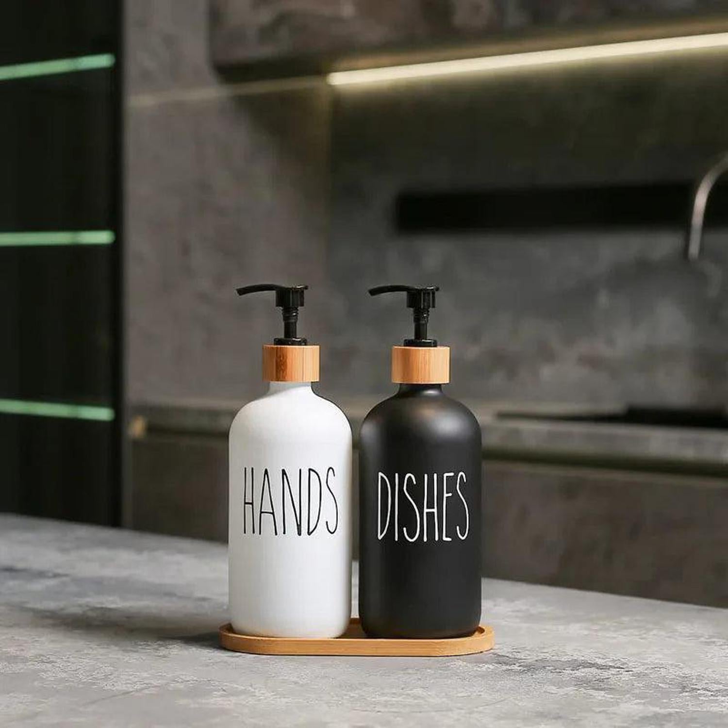 Hand & Dish Soap Dispenser Set | Bamboo Tray [500ml] - Shop the Hand & Dish Soap Dispenser Set (500ml refillable bottles, bamboo tray). Stylish, eco-friendly solution for kitchen and bathroom organization. Buy Now at Sacred Remedy