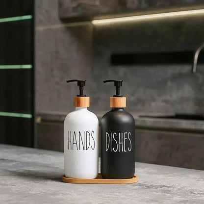 Hand & Dish Soap Dispenser Set | Bamboo Tray [500ml] - Shop the Hand & Dish Soap Dispenser Set (500ml refillable bottles, bamboo tray). Stylish, eco-friendly solution for kitchen and bathroom organization. Buy Now at Sacred Remedy