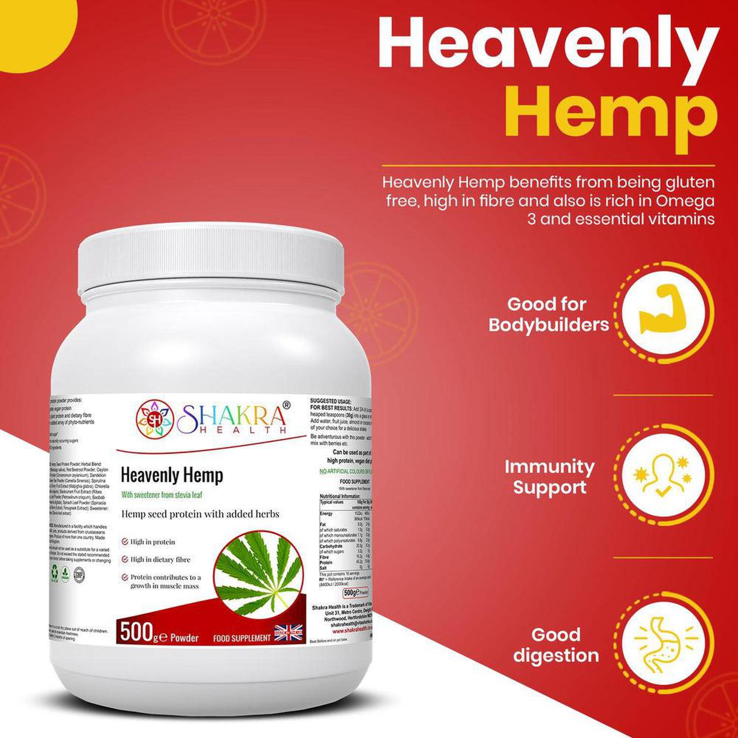 Heavenly Hemp | Hemp Seed & Superfood High in Dietary Fibre - Complete, balanced vegan protein powder from Hemp Seed. Contains all 21 amino acids, Omega 3:6 balance & 15 superfoods for energy, gut, and heart health. Buy Now at Sacred Remedy