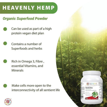 Heavenly Hemp | Hemp Seed & Superfood High in Dietary Fibre - Complete, balanced vegan protein powder from Hemp Seed. Contains all 21 amino acids, Omega 3:6 balance & 15 superfoods for energy, gut, and heart health. Buy Now at Sacred Remedy