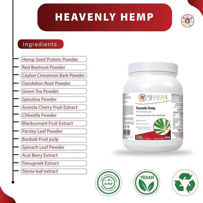 Heavenly Hemp | Hemp Seed & Superfood High in Dietary Fibre - Complete, balanced vegan protein powder from Hemp Seed. Contains all 21 amino acids, Omega 3:6 balance & 15 superfoods for energy, gut, and heart health. Buy Now at Sacred Remedy