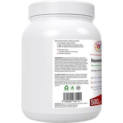 Heavenly Hemp | Hemp Seed & Superfood High in Dietary Fibre - Complete, balanced vegan protein powder from Hemp Seed. Contains all 21 amino acids, Omega 3:6 balance & 15 superfoods for energy, gut, and heart health. Buy Now at Sacred Remedy