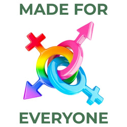 Interlocking male and female gender symbols in rainbow colors with the text Made for Everyone.