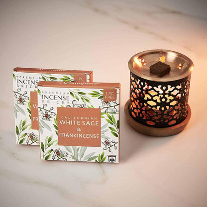 Smokeless Incense Brick Burner & Cleansing Set | White Sage - Smokeless Incense Brick Burner & White Sage Set for cleansing, protection & relaxation. Ethical, vegan, and ash-free aromatherapy for 400 sq. ft. Buy Now at Sacred Remedy