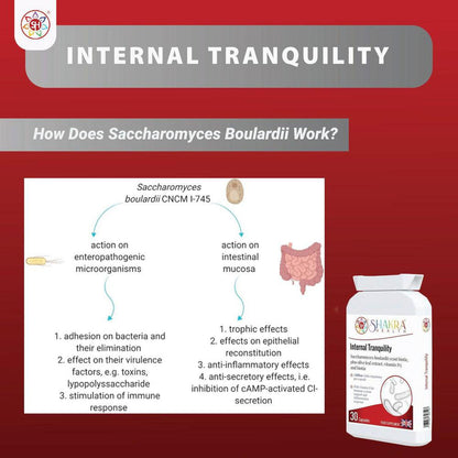 Internal Tranquility | Balance Gut Flora with Probiotic Yeast - Restore gut balance with 5 Billion S. Boulardii yeast probiotic. Supports immunity, soothes diarrhoea (incl. antibiotic related), and relieves bloating. Shelf-stable. Buy Now at Sacred Remedy