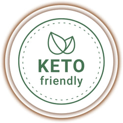 Circular green badge with a leaf icon and the text KETO friendly, featuring a dashed border on a white background.