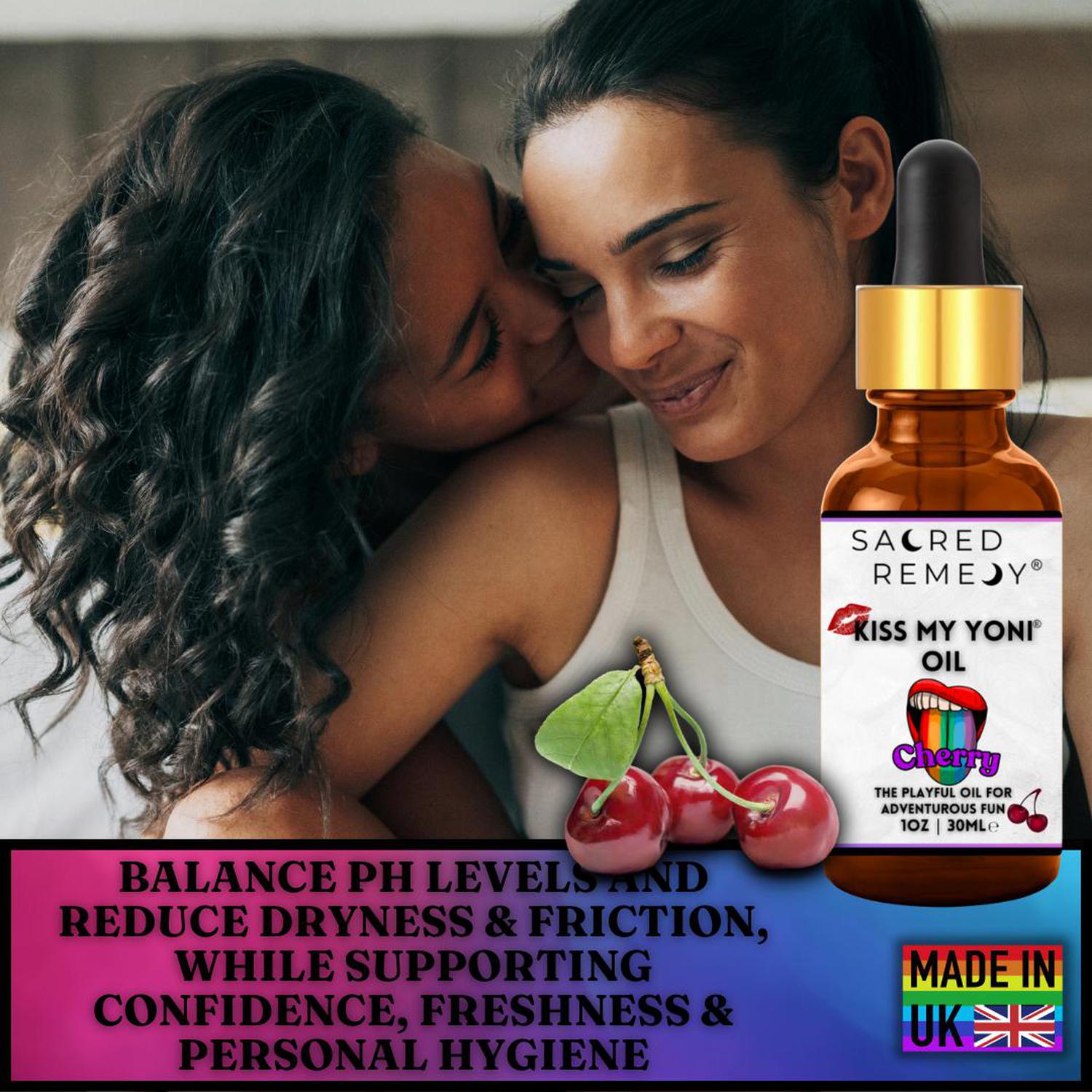 Kiss My Yoni Oil - Cherry Edible Massage & Feminine Care - Delicious Cherry Kiss My Yoni Oil. Edible, vegan, non-sticky massage oil & PH-Balanced for confident intimacy & self-care. LGBTQ+ inclusive. Buy Now at Sacred Remedy