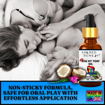 Kiss My Yoni Oil - Coconut Edible Massage & Femme Oil - Coconut Kiss My Yoni Oil. Edible, vegan, non-sticky massage oil & PH-Balanced Femme Care for confident intimacy & self-care. Tropical vibes and ultimate smoothness. Buy Now at Sacred Remedy