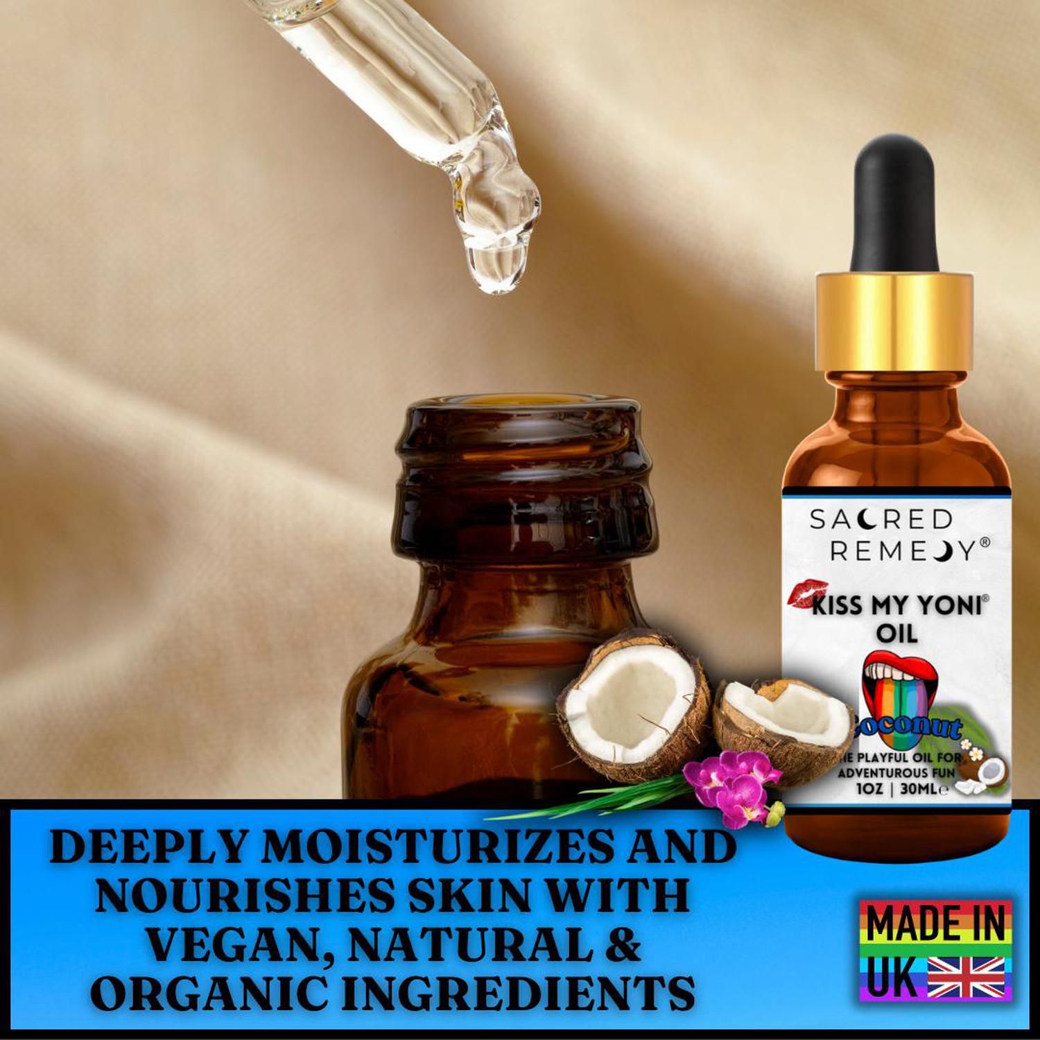 Kiss My Yoni Oil - Coconut Edible Massage & Femme Oil - Coconut Kiss My Yoni Oil. Edible, vegan, non-sticky massage oil & PH-Balanced Femme Care for confident intimacy & self-care. Tropical vibes and ultimate smoothness. Buy Now at Sacred Remedy