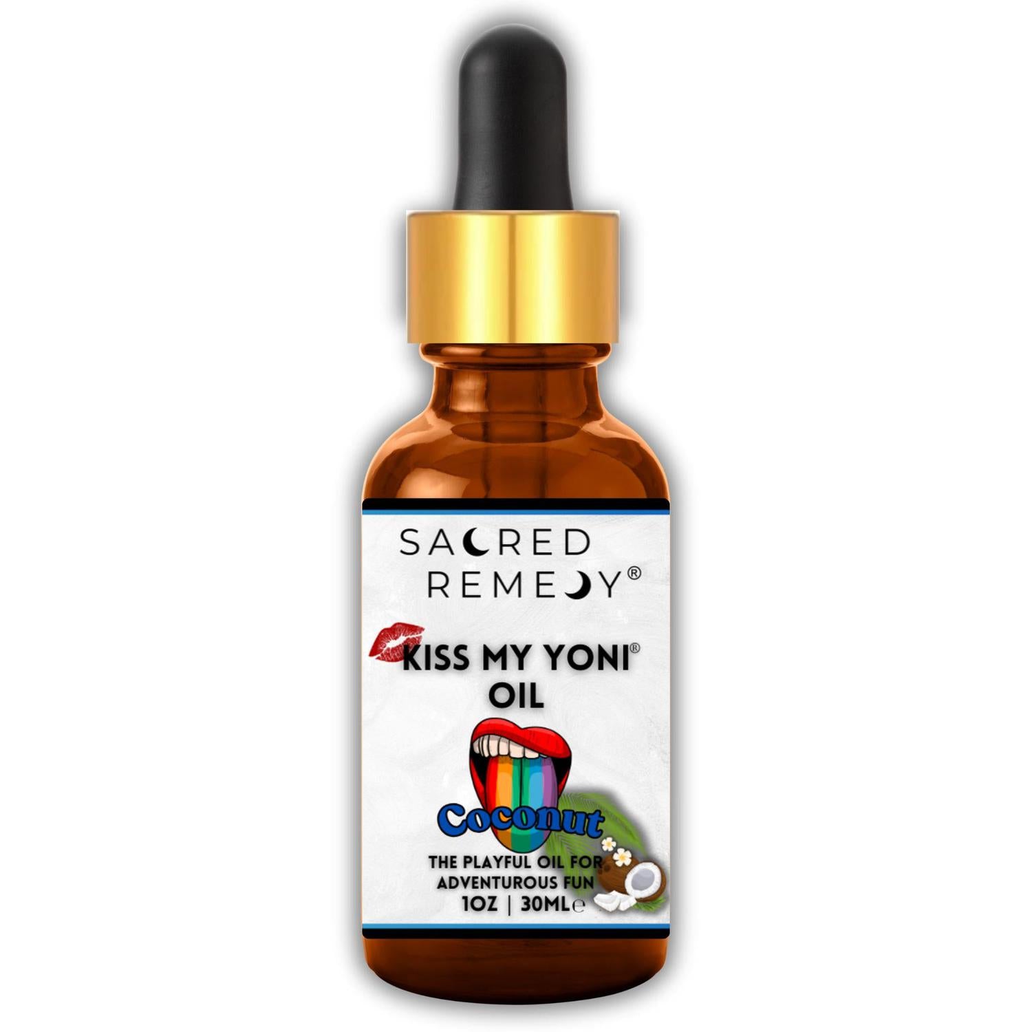 Kiss My Yoni Oil - Coconut Edible Massage & Femme Oil - Coconut Kiss My Yoni Oil. Edible, vegan, non-sticky massage oil & PH-Balanced Femme Care for confident intimacy & self-care. Tropical vibes and ultimate smoothness. Buy Now at Sacred Remedy