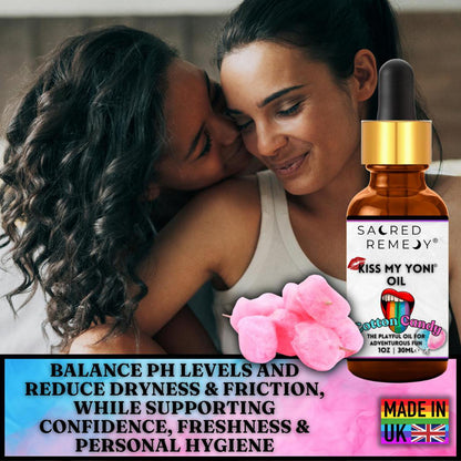 Kiss My Yoni Oil | Cotton Candy | Edible, Vegan & Non-Sticky Body Rub - Indulge in sweet self-love! This edible, vegan, non-sticky Cotton Candy Yoni Oil is PH Balanced and perfect for massage, pleasure, and total body pampering. Buy Now at Sacred Remedy