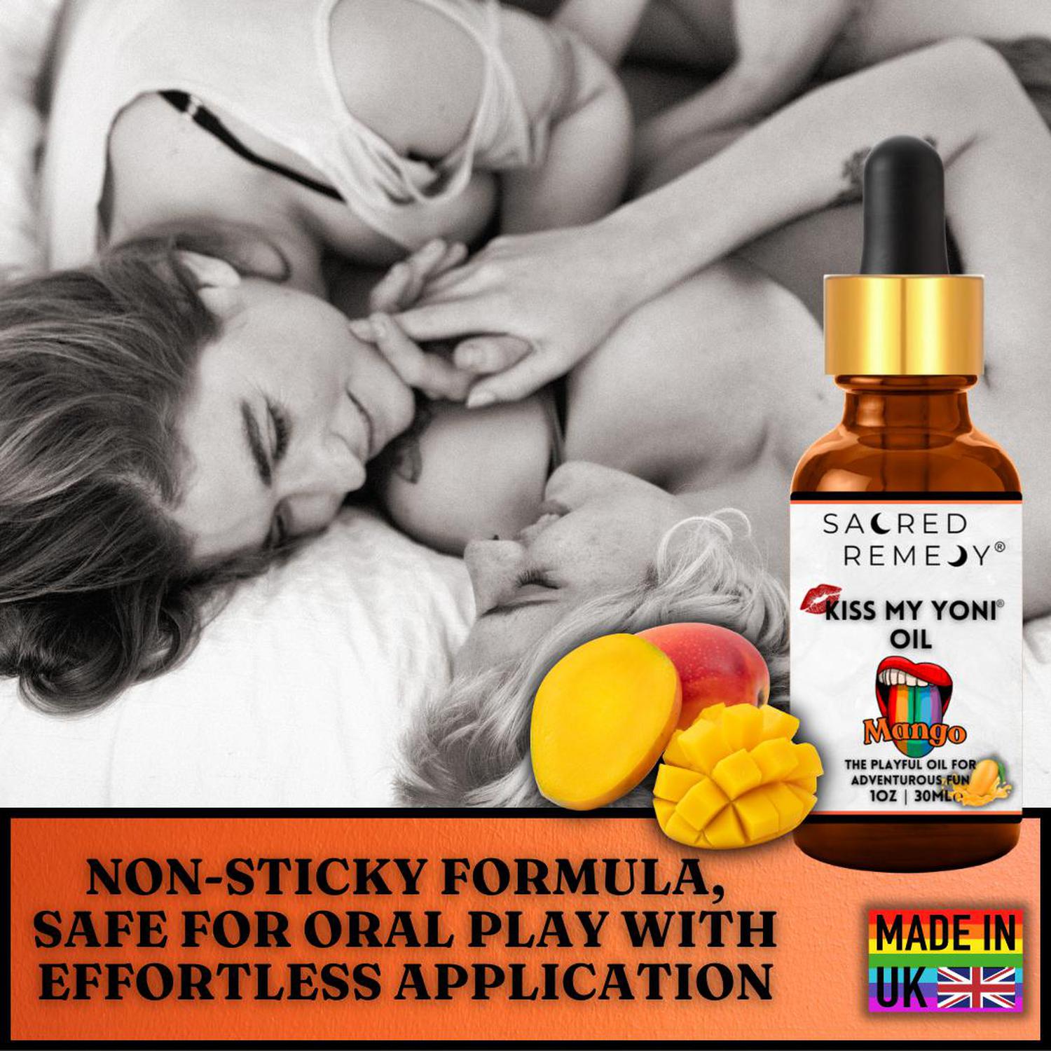 Kiss My Yoni Oil - Mango Edible Massage & Feminine Care - Mango Kiss My Yoni Oil. Edible, vegan, non-sticky massage oil & PH-Balanced femme oil for confident intimacy & self-care. Tropical flavour and ultimate smoothness. Buy Now at Sacred Remedy