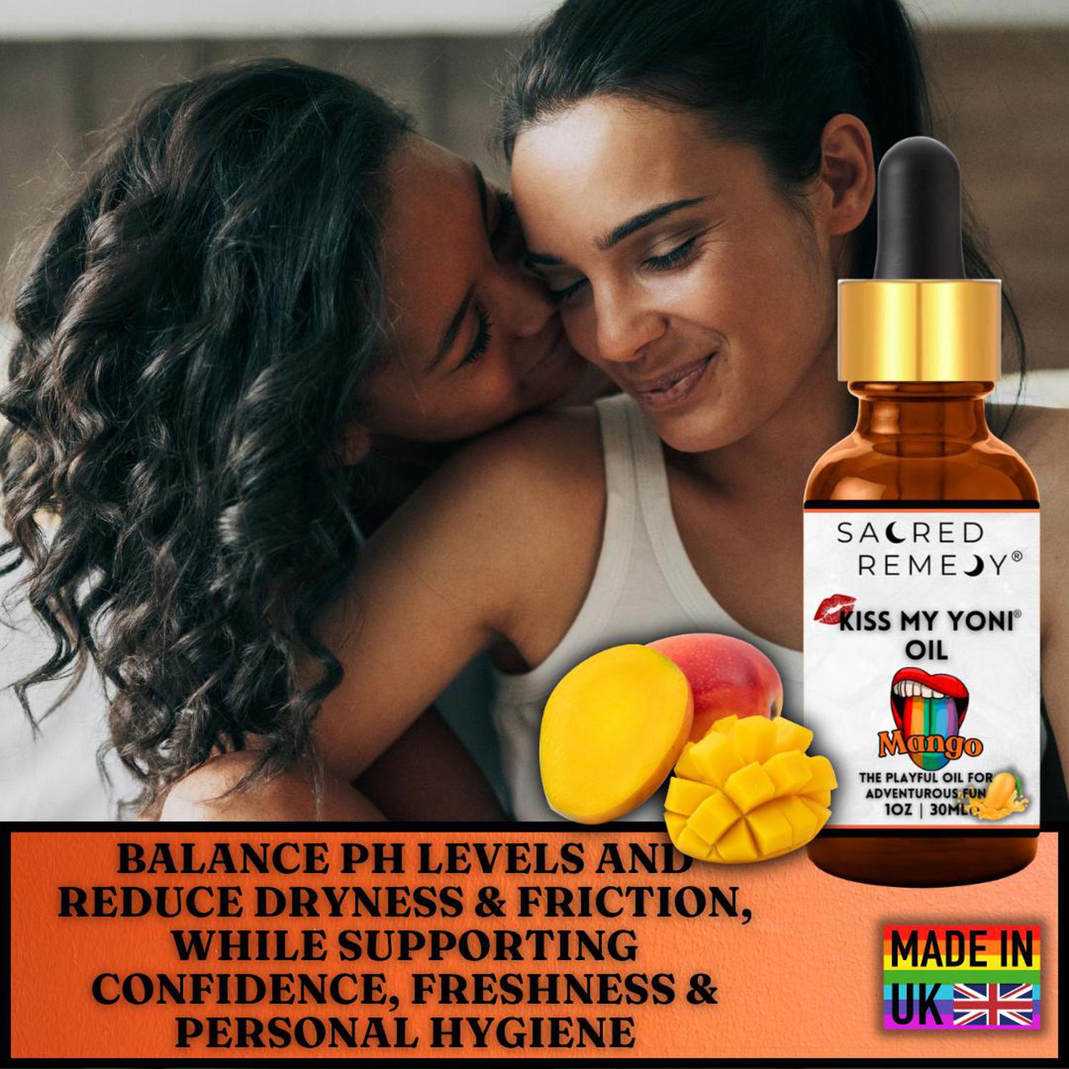 Kiss My Yoni Oil - Mango Edible Massage & Feminine Care - Mango Kiss My Yoni Oil. Edible, vegan, non-sticky massage oil & PH-Balanced femme oil for confident intimacy & self-care. Tropical flavour and ultimate smoothness. Buy Now at Sacred Remedy