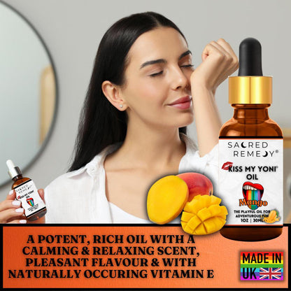 Kiss My Yoni Oil - Mango Edible Massage & Feminine Care - Mango Kiss My Yoni Oil. Edible, vegan, non-sticky massage oil & PH-Balanced femme oil for confident intimacy & self-care. Tropical flavour and ultimate smoothness. Buy Now at Sacred Remedy