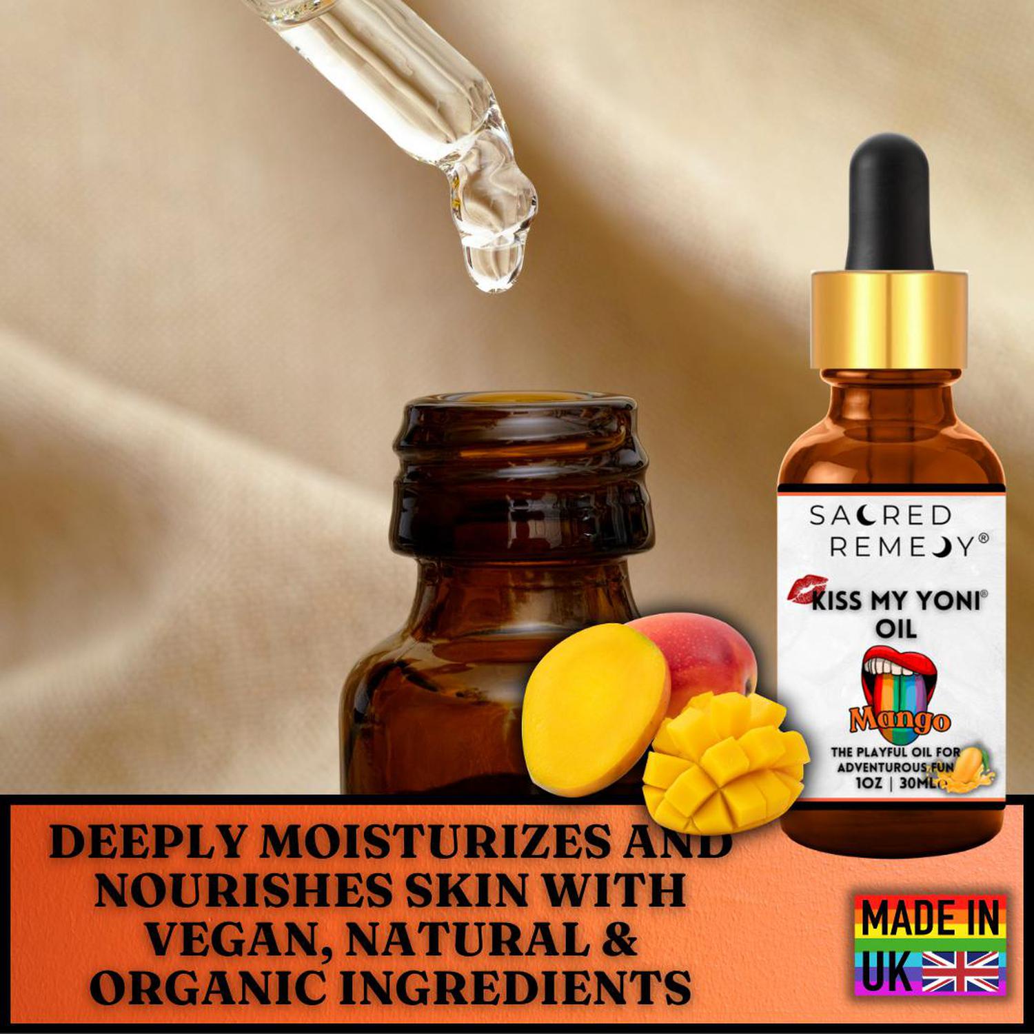 Kiss My Yoni Oil - Mango Edible Massage & Feminine Care - Mango Kiss My Yoni Oil. Edible, vegan, non-sticky massage oil & PH-Balanced femme oil for confident intimacy & self-care. Tropical flavour and ultimate smoothness. Buy Now at Sacred Remedy