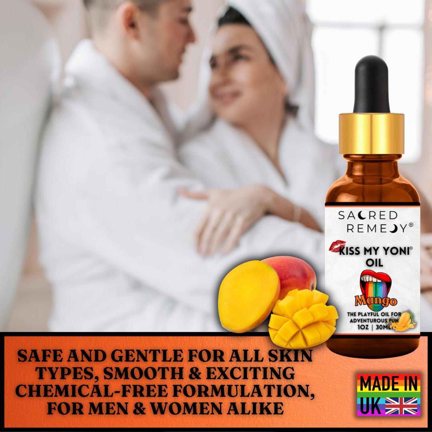 Kiss My Yoni Oil - Mango Edible Massage & Feminine Care - Mango Kiss My Yoni Oil. Edible, vegan, non-sticky massage oil & PH-Balanced femme oil for confident intimacy & self-care. Tropical flavour and ultimate smoothness. Buy Now at Sacred Remedy