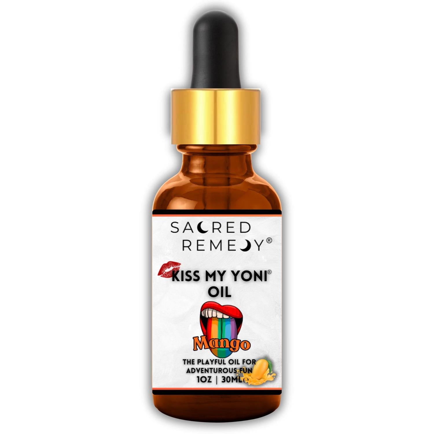 Kiss My Yoni Oil - Mango Edible Massage & Feminine Care - Mango Kiss My Yoni Oil. Edible, vegan, non-sticky massage oil & PH-Balanced femme oil for confident intimacy & self-care. Tropical flavour and ultimate smoothness. Buy Now at Sacred Remedy