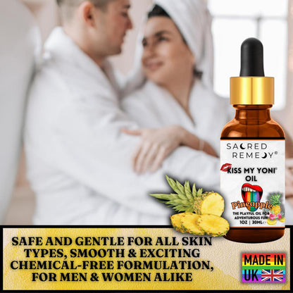 Kiss My Yoni Oil - Pineapple Edible Massage & Feminine Care - Pineapple Kiss My Yoni Oil. Edible, vegan, non-sticky massage oil & PH-Balanced Femme Oil for confident intimacy & self-care. Tropical fun and ultimate smoothness. Buy Now at Sacred Remedy