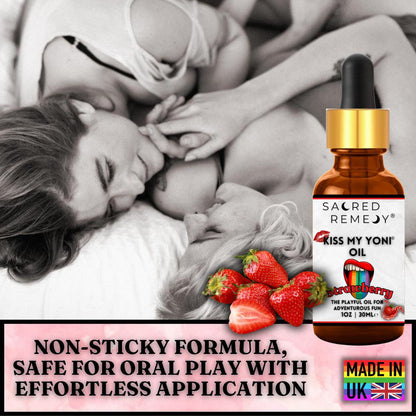 Kiss My Yoni Oil - Strawberry Edible Massage & Intimate Care - Delicious Strawberry Kiss My Yoni Oil. Edible, vegan, non-sticky massage oil & PH-Balanced for confident intimacy & self-care. LGBTQ+ inclusive. Buy Now at Sacred Remedy