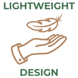 Green text reading LIGHTWEIGHT DESIGN above a brown line art icon of a feather floating above an open hand.