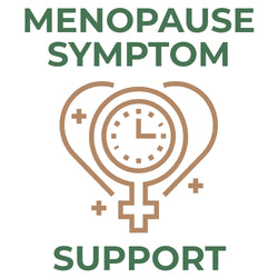 Menopause symptom support text with a brown heart-shaped clock and female symbol icon on a white background.