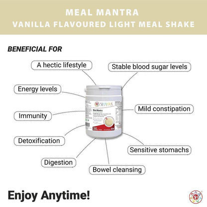 Meal Mantra Vanilla Vegan Non-GM Soya Protein Isolate Powder. - Looking for a convenient, nutritious, and satisfying way to support your health goals? Look no further than Meal Mantra Vanilla Shake! This plant-based protein powder packs a powerful punch, making it a perfect meal replacement or on-the-go snack. Buy Now at Sacred Remedy