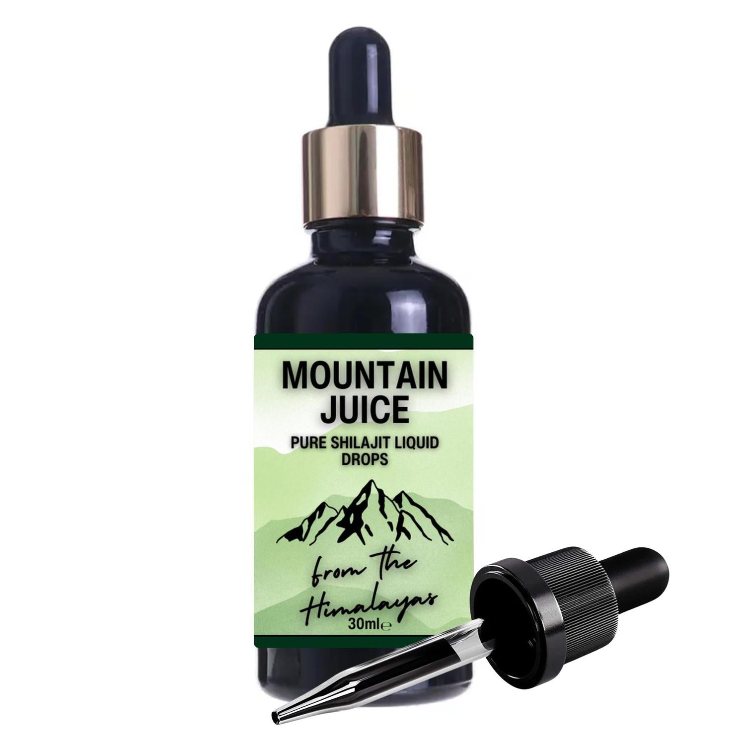 Mountain Juice: Travel Shilajit Tincture 30ml - Fulvic Acid & Energy Booster - Pure Shilajit liquid in a convenient 30ml travel tincture. Packed with Fulvic Acid for energy, immune support, and ultimate on-the-go vitality. Buy Now at Sacred Remedy