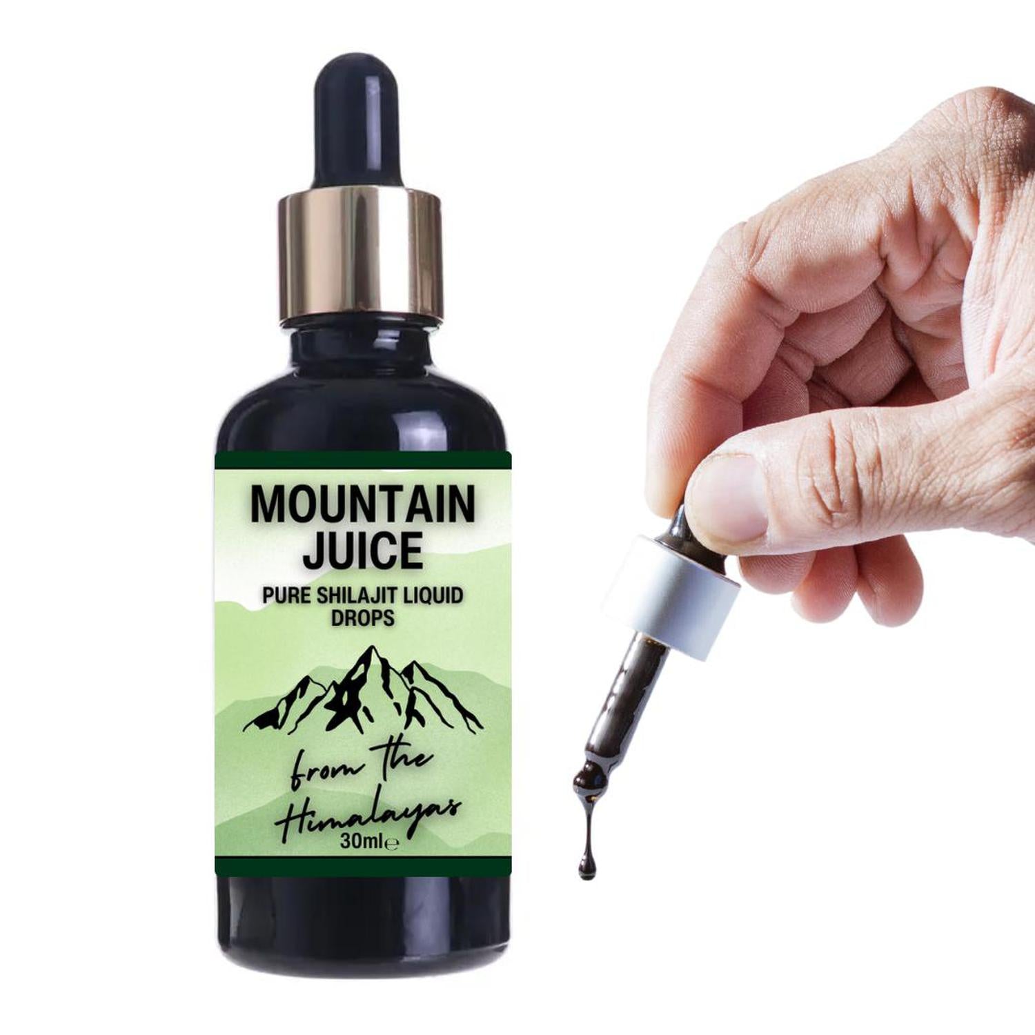 Mountain Juice: Travel Shilajit Tincture 30ml - Fulvic Acid & Energy Booster - Pure Shilajit liquid in a convenient 30ml travel tincture. Packed with Fulvic Acid for energy, immune support, and ultimate on-the-go vitality. Buy Now at Sacred Remedy