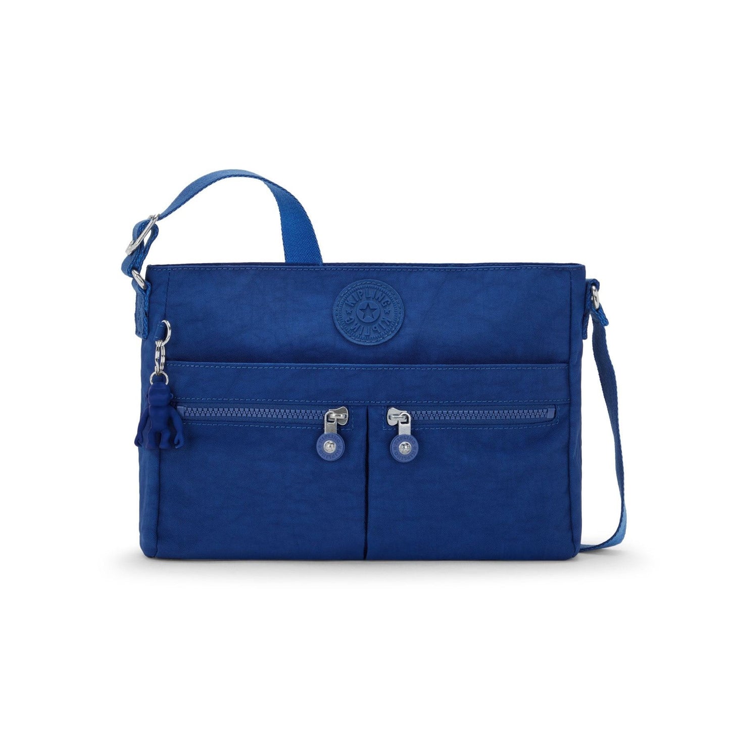 Buy Kipling New Angie Handbag in Deep Sky Blue. Crossbody Bag - This compact crossbody bag boasts a sleek design with a water-repellent, lightweight fabric. With a spacious main compartment, an internal organizer, pockets for your phone, wallet, & pens & external pockets for quick-grab essentials. Perfect for running errands, exploring the city, or jetting off on weekend getaways. at Sacred Remedy Online