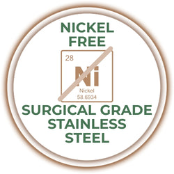 Circular badge indicating 'Nickel Free' and 'Surgical Grade Stainless Steel' on a white background.