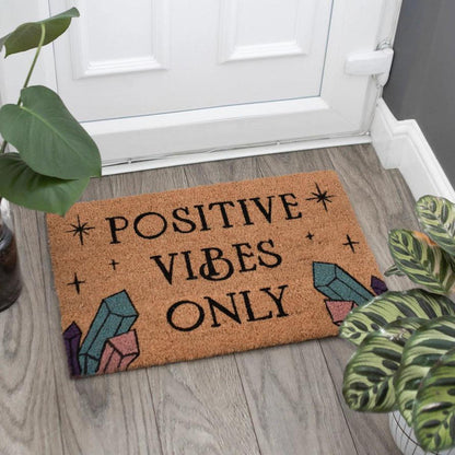 Positive Vibes Only Doormat | Crystal Coir Welcome Mat - Set the energetic tone! This quirky, crystal-themed "Positive Vibes Only" natural coir doormat is perfect for welcoming good energy and grounding your space. Buy Now at Sacred Remedy