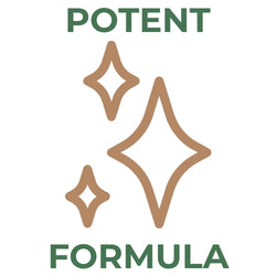 Green text reading POTENT FORMULA surrounding three tan, four-pointed star icons on a white background.