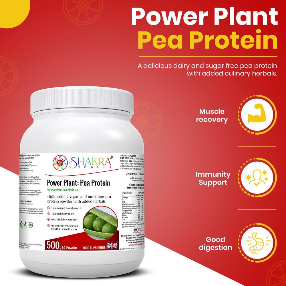 Buy Power Plant: Vegan High Quality Pea Protein Powder with added Phyto-Nutrients - A high quality pea protein powder (from snap peas), blended with a range of other nutrient-dense superfoods and herbs for added antioxidants, fibre and phyto-nutrients - chicory root extract, green tea extract, spirulina powder, acai berry extract and stevea leaf extract as a sweetener. at Sacred Remedy Online