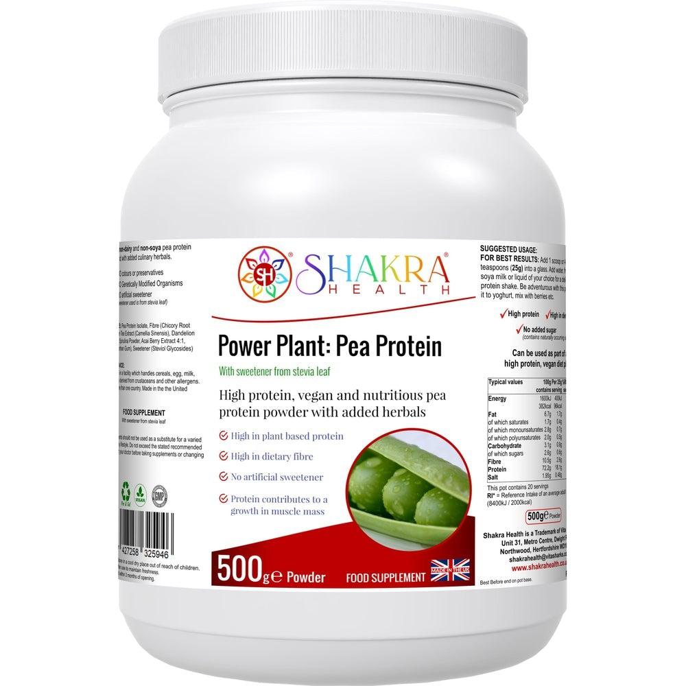 Buy Power Plant: Vegan High Quality Pea Protein Powder with added Phyto-Nutrients - A high quality pea protein powder (from snap peas), blended with a range of other nutrient-dense superfoods and herbs for added antioxidants, fibre and phyto-nutrients - chicory root extract, green tea extract, spirulina powder, acai berry extract and stevea leaf extract as a sweetener. at Sacred Remedy Online