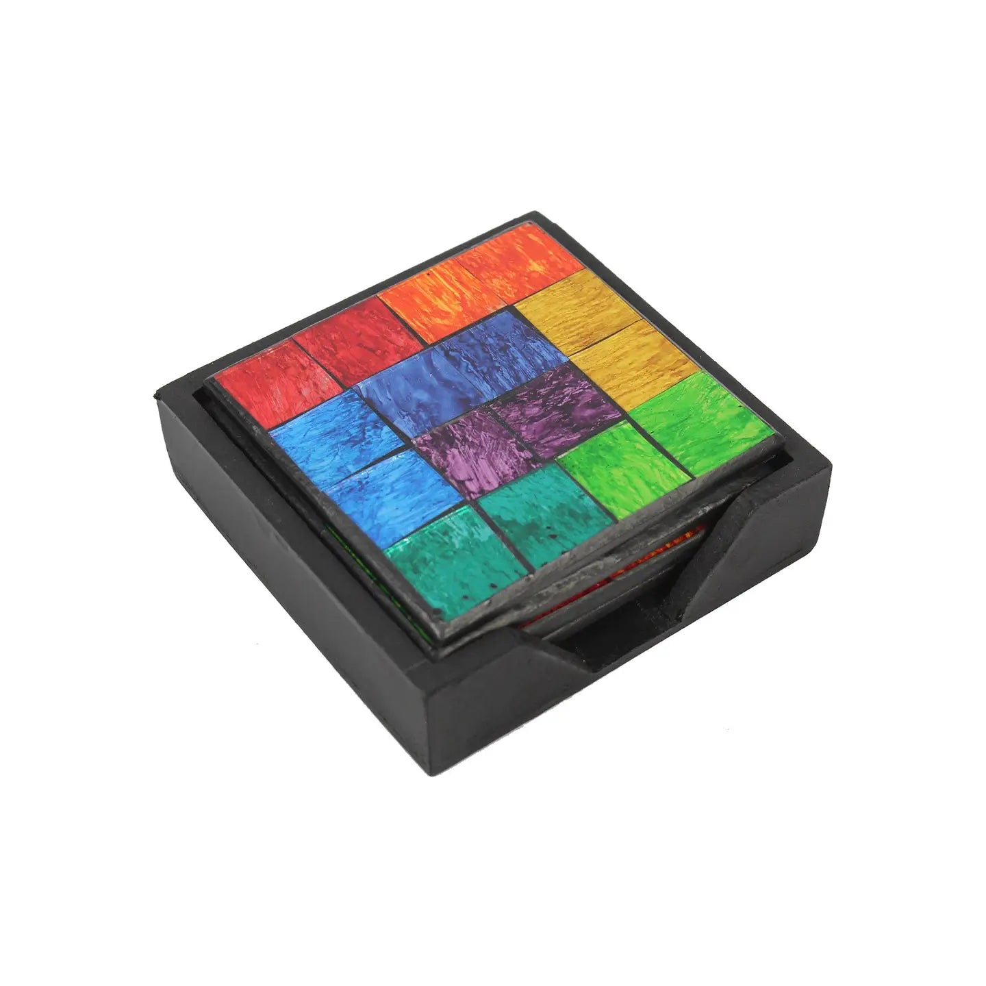 Rainbow Mosaic Coasters - Fair Trade, Handcrafted Set of 4 - Add a colorful, ethical touch! This fair trade set of 4 rainbow mosaic coasters is handcrafted in Indonesia. Protects surfaces and supports women's empowerment. Buy Now at Sacred Remedy
