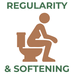 Brown silhouette of a person sitting on a toilet with 'REGULARITY & SOFTENING' text above and below.