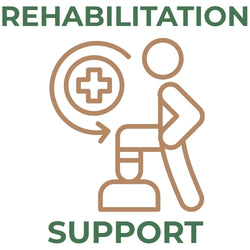 Rehabilitation Support text with a brown line-art icon of a person exercising and a medical cross symbol.