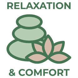 Stacked green spa stones and a lotus flower icon with the text Relaxation and Comfort in a minimalist style.