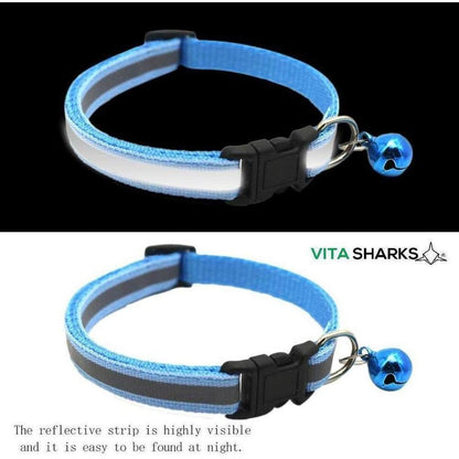 Reflective Small Animal / Kitten / Cat / Puppy Collar with Bell - The gloss reflective collar ensures that your pet is seen in the dark with car headlights. Designed with safety in mind it incorporates a break away buckle to enable your animal to get free if caught on an object. Buy Now at Sacred Remedy