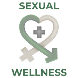 Sexual wellness logo featuring a heart intertwined with gender symbols and a medical cross in green and beige.