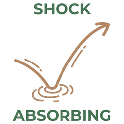 Brown arrow icon bouncing off a surface with ripples, accompanied by the text SHOCK ABSORBING in green.