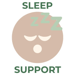 Beige circular icon with a sleeping face and green Z symbols, labeled with the text SLEEP SUPPORT in green.