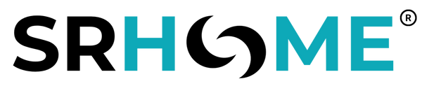SRHOME logo featuring black and teal lettering with a stylized circular icon replacing the letter O.
