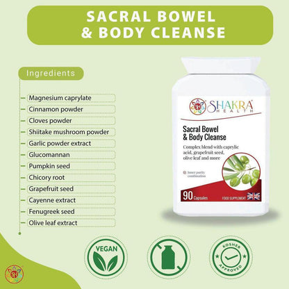 Sacral Bowel & Body Cleanse | Gastrointestinal Cleanse & Protect - A broad-spectrum gastrointestinal cleanse & detoxification formula, to support a balanced lower digestive tract & protect against internal parasites, worms & other harmful micro-organisms. It contains a range of tried & tested herbs and concentrated foods to support digestive tract health, in easy-to-take capsule form. Buy Now at Sacred Remedy