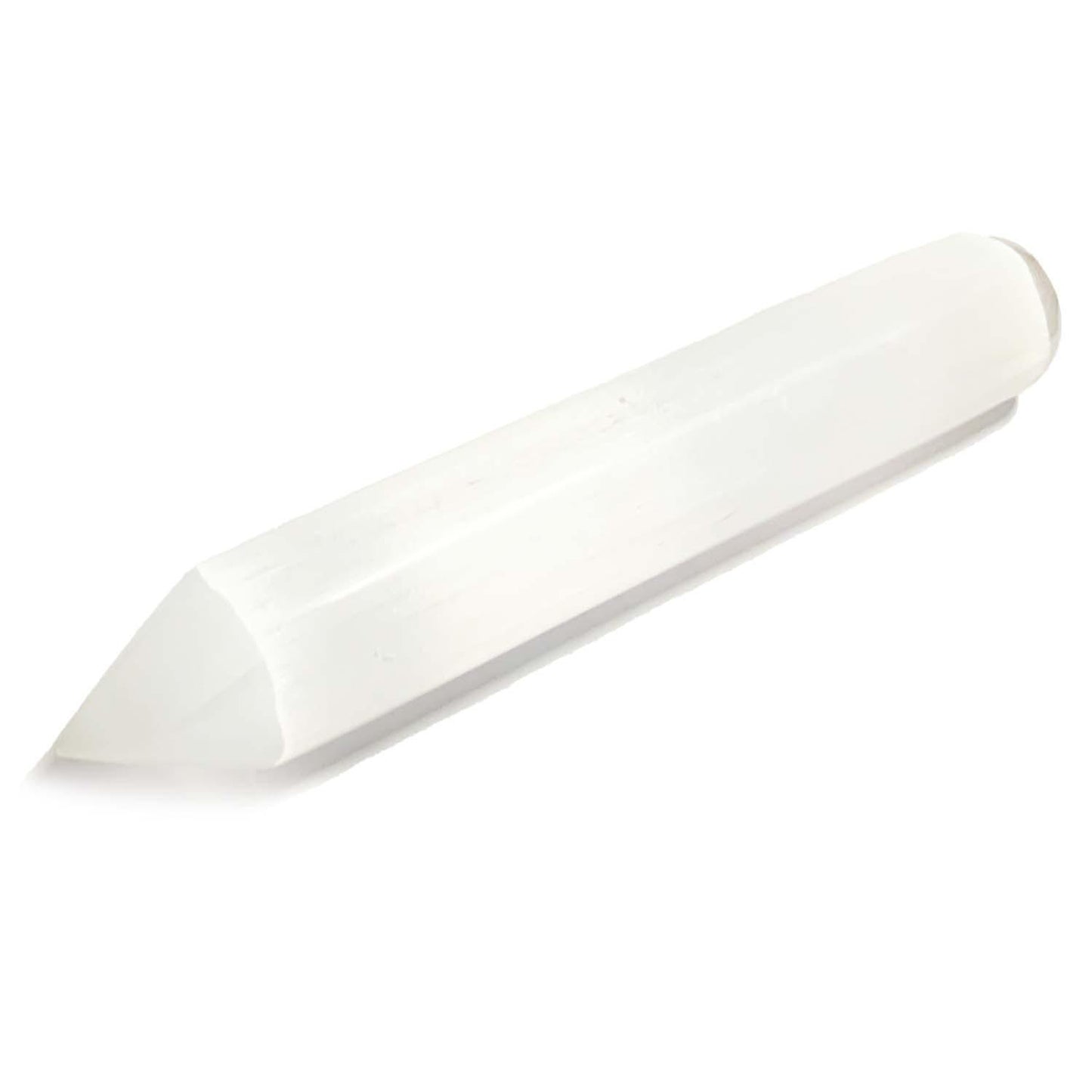 Selenite Smooth Pencil Wand | Energy Clearing & Spiritual Practise - Selenite has a gentle and fine vibration is often associated with opening up the crown chakra and also accessing angelic consciousness. Some people use selenite as a tool when accessing past life material or for use when meditating. Selenite Smooth Point Massage Wand ideal for combing the aura. Buy Now at Sacred Remedy