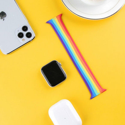 Rainbow Pride Silicone Apple Watch Strap | Vibrant & Soft - Celebrate Pride with our soft, durable silicone Apple Watch strap in the iconic rainbow design. Secure pin-and-tuck closure. Fits all Apple Watch models. Buy Now at Sacred Remedy